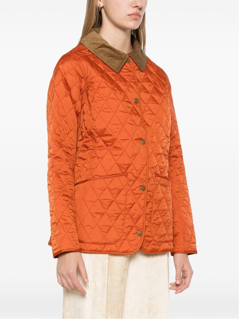 Barbour Orange Quilted Utility Jacket with Brown Corduroy Collar